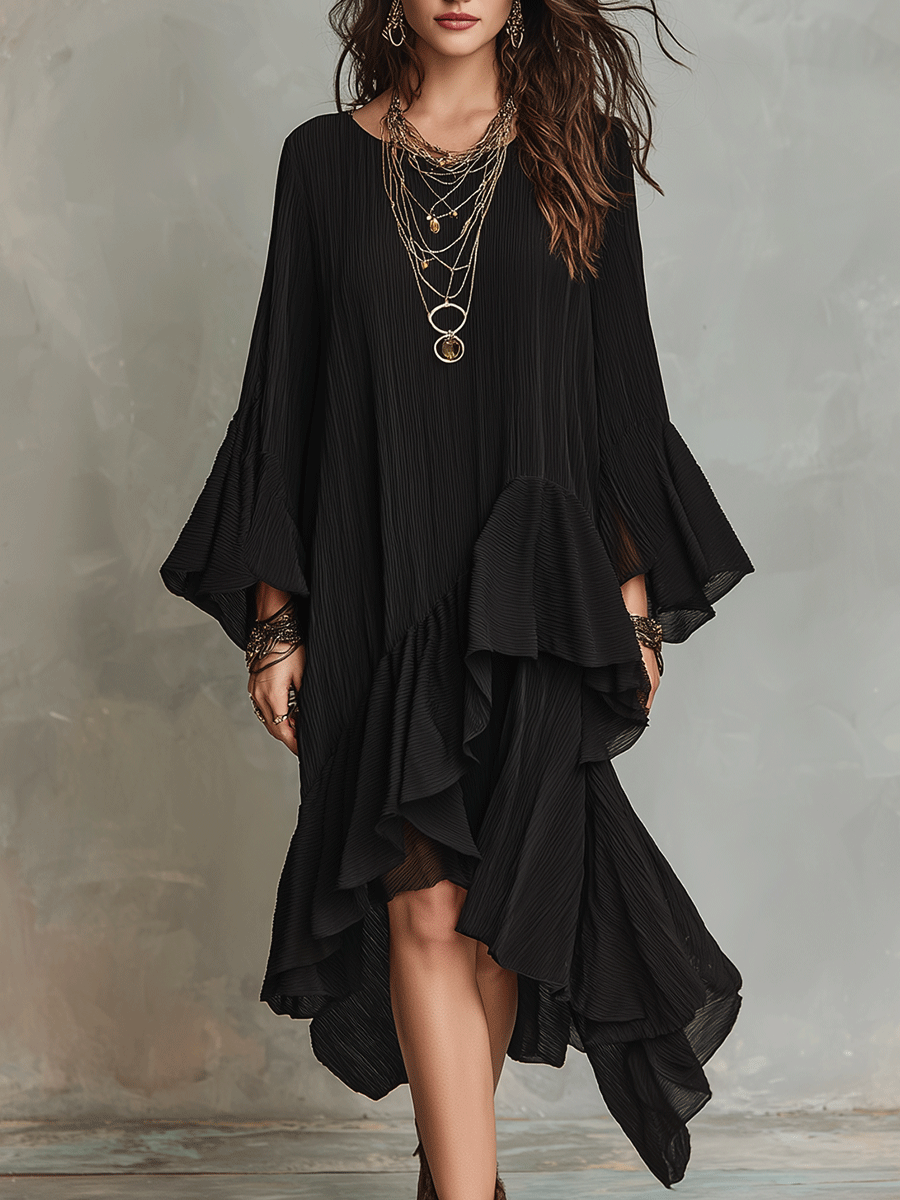 Elegante Vestido Midi Boho Negro con Volantes Asimétricos