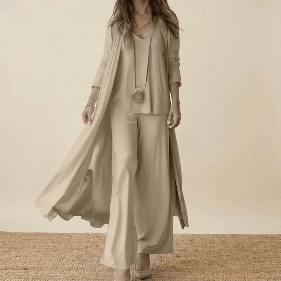 Raquel | Conjunto Suave de Tres Piezas con Túnica y Pantalones de Pierna Ancha