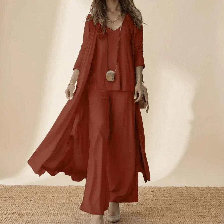 Raquel | Conjunto Suave de Tres Piezas con Túnica y Pantalones de Pierna Ancha