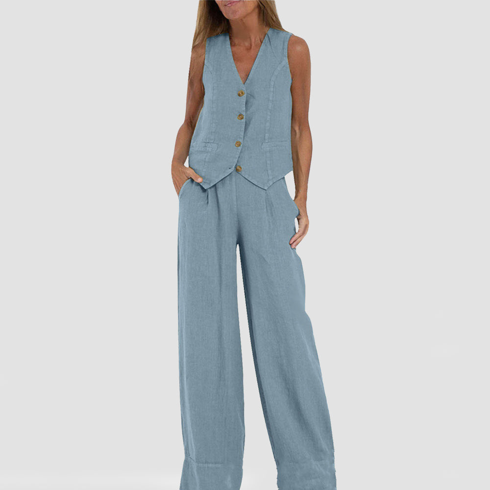 Top de verano sin mangas y pantalones rectos anchos