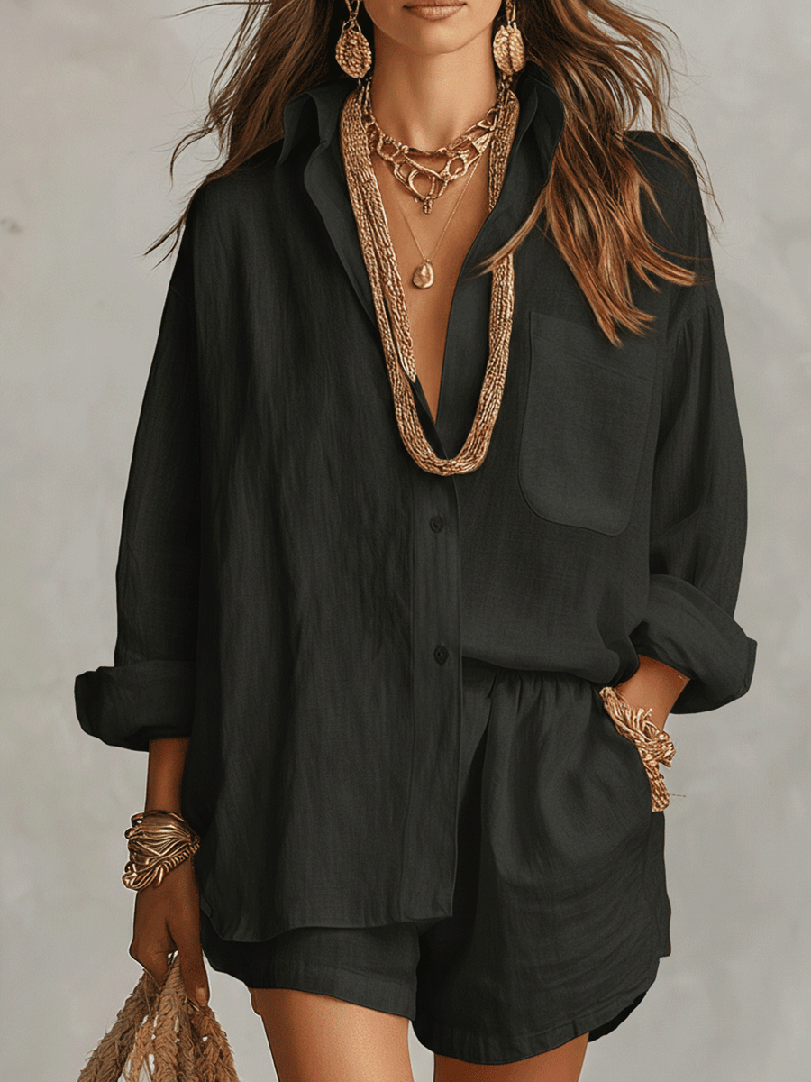 Camisa Bohemia Oversized con Pantalones Cortos Cómodos