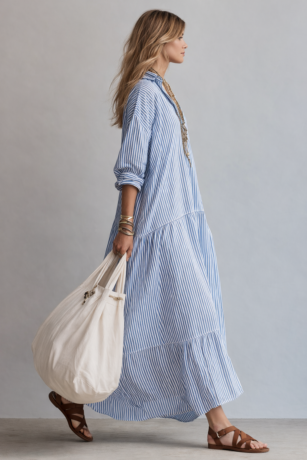 Vestido Maxi Camisa Relajada a Rayas Azules