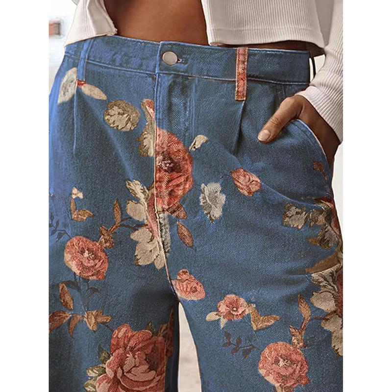 Pantalones Casual de Pierna Ancha Floral de Cintura Alta
