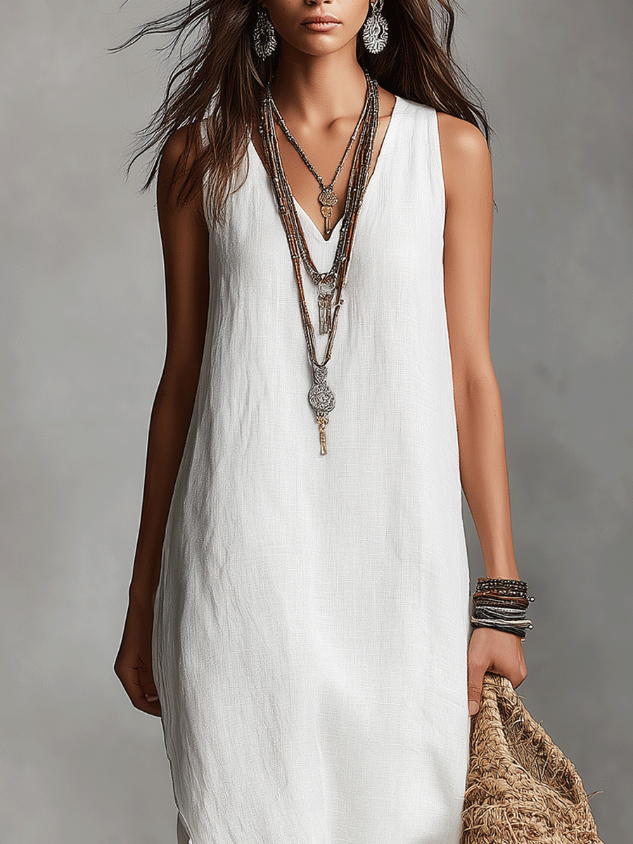 Vestido Maxi Sin Mangas Blanco Chic con Escote en V