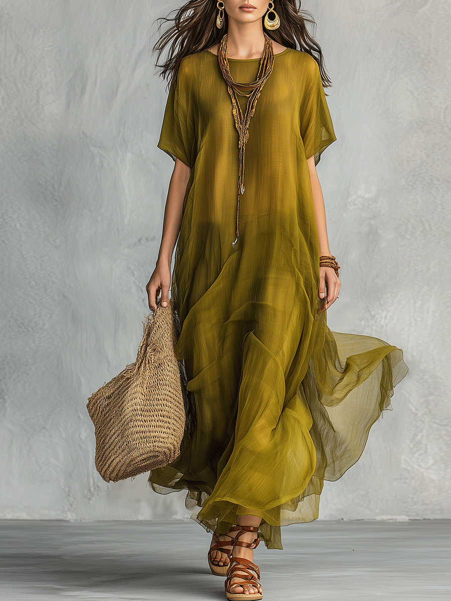Vestido Maxi Bohemio Verde Oliva con Silueta Drapada
