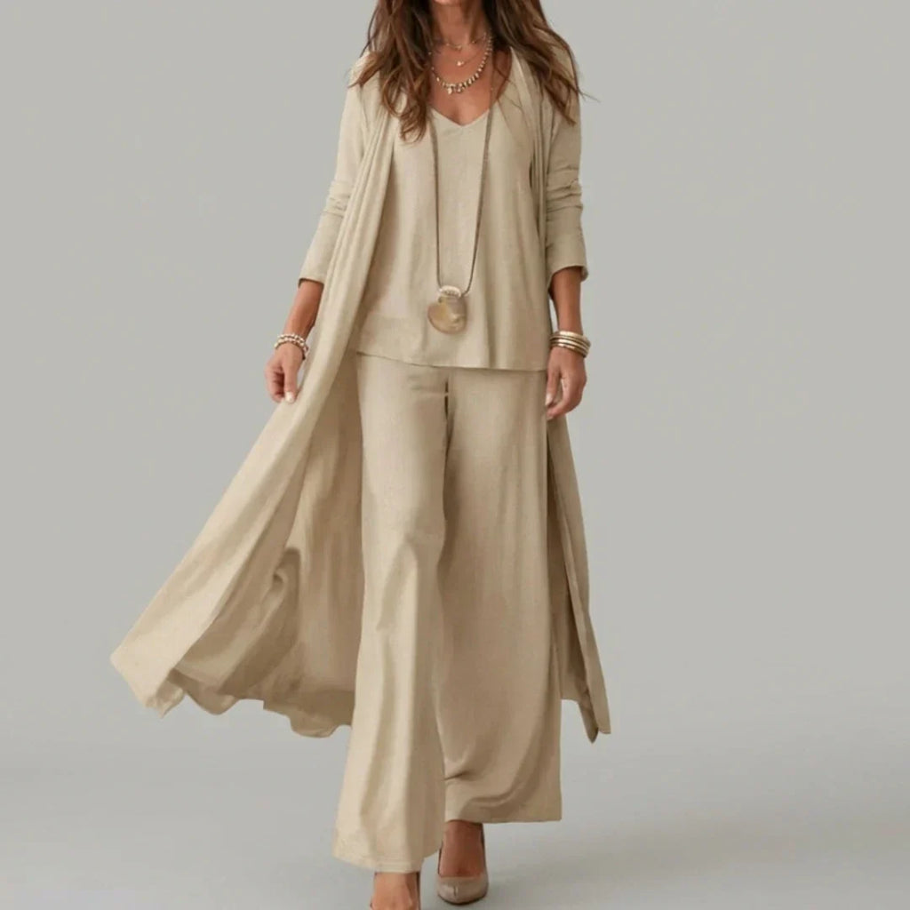 Raquel | Conjunto Suave de Tres Piezas con Túnica y Pantalones de Pierna Ancha