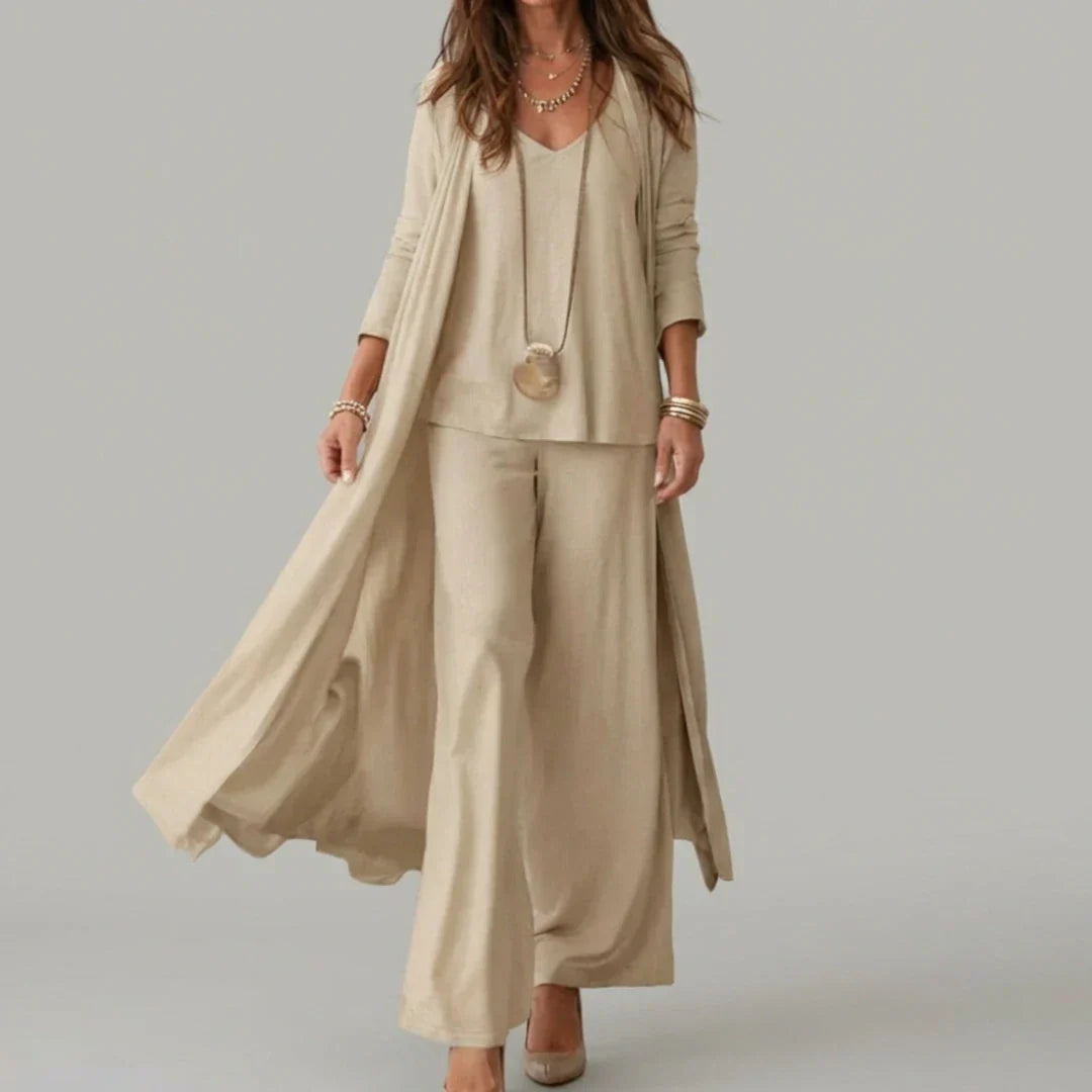 Raquel | Conjunto Suave de Tres Piezas con Túnica y Pantalones de Pierna Ancha