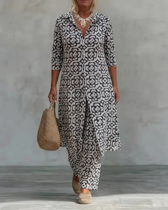 Sara | Conjunto de Túnica Bohemia de Estampado Geométrico y Pantalones de Pierna Ancha