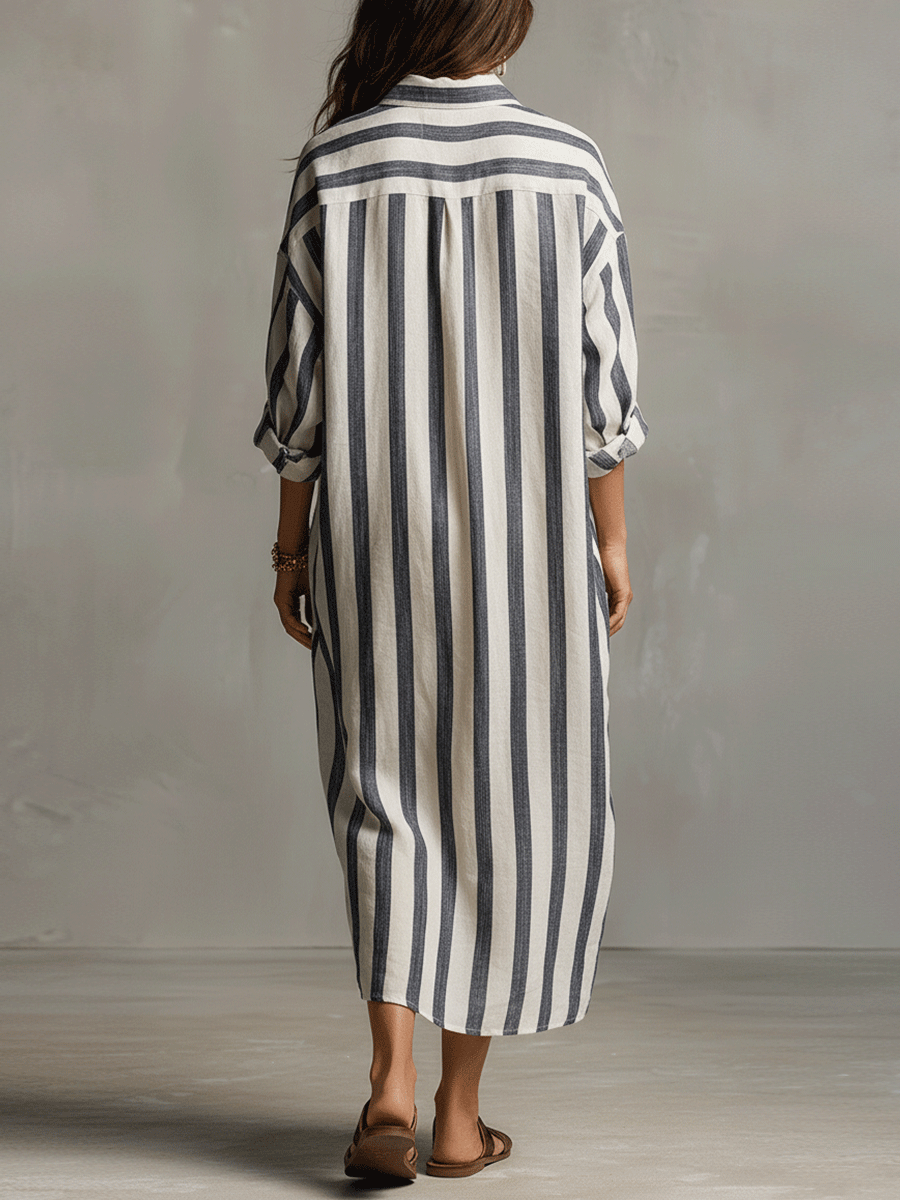 Vestido Maxi Estilo Bohemio de Camisa a Rayas Casual