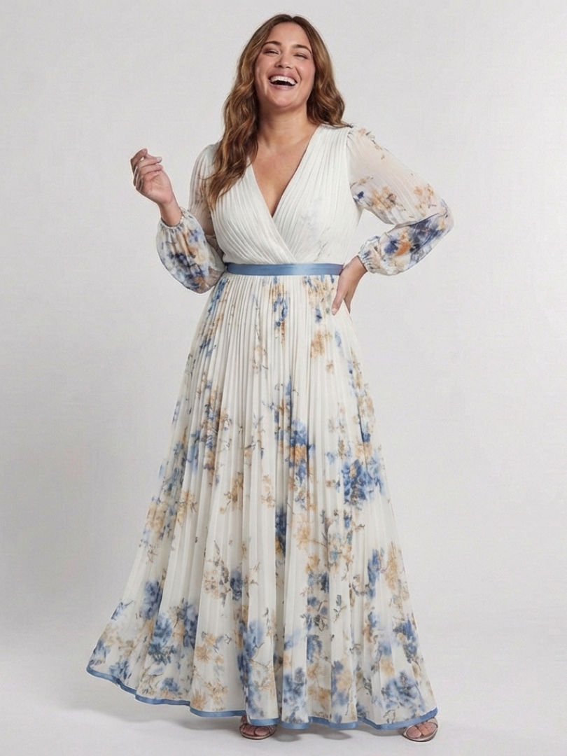 Lavinia | Vestido Maxi de Flores con Manga Larga y Escote en V