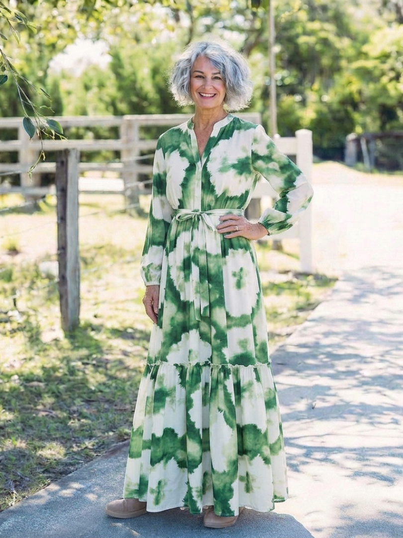 Sabine | Vestido Maxi de Manga Larga con Cintura Capa