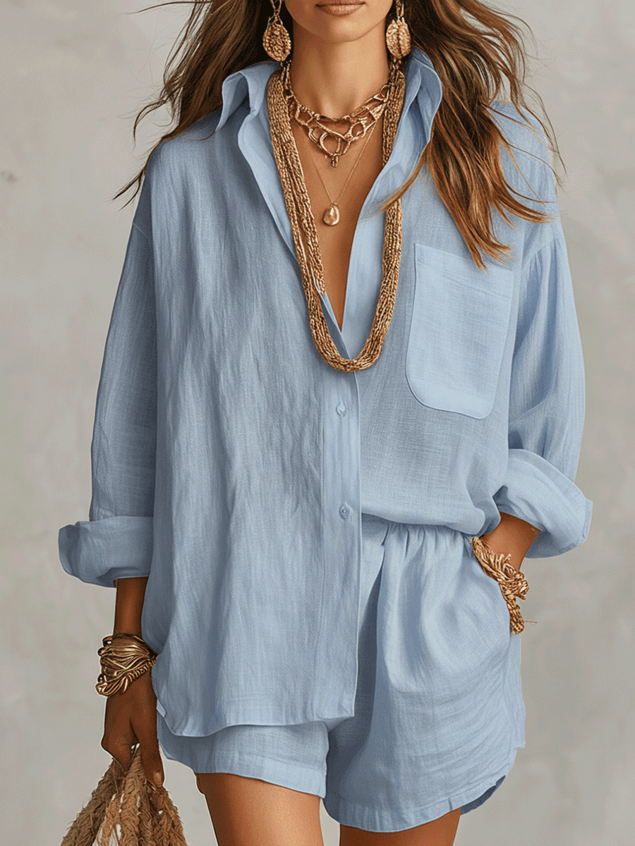 Camisa Bohemia Oversized Con Pantalones Cortos Cómodos