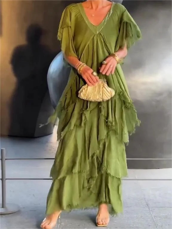 Blaise - Vestido Maxi de Cuello en V con Mangas Cortas Voladas