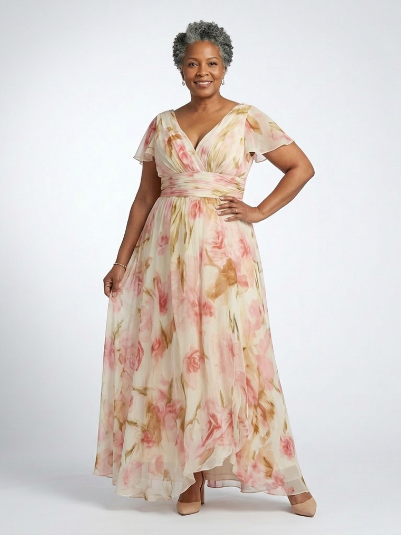 Elara | Vestido Maxi de Flores con Escote en V y Manga Corta
