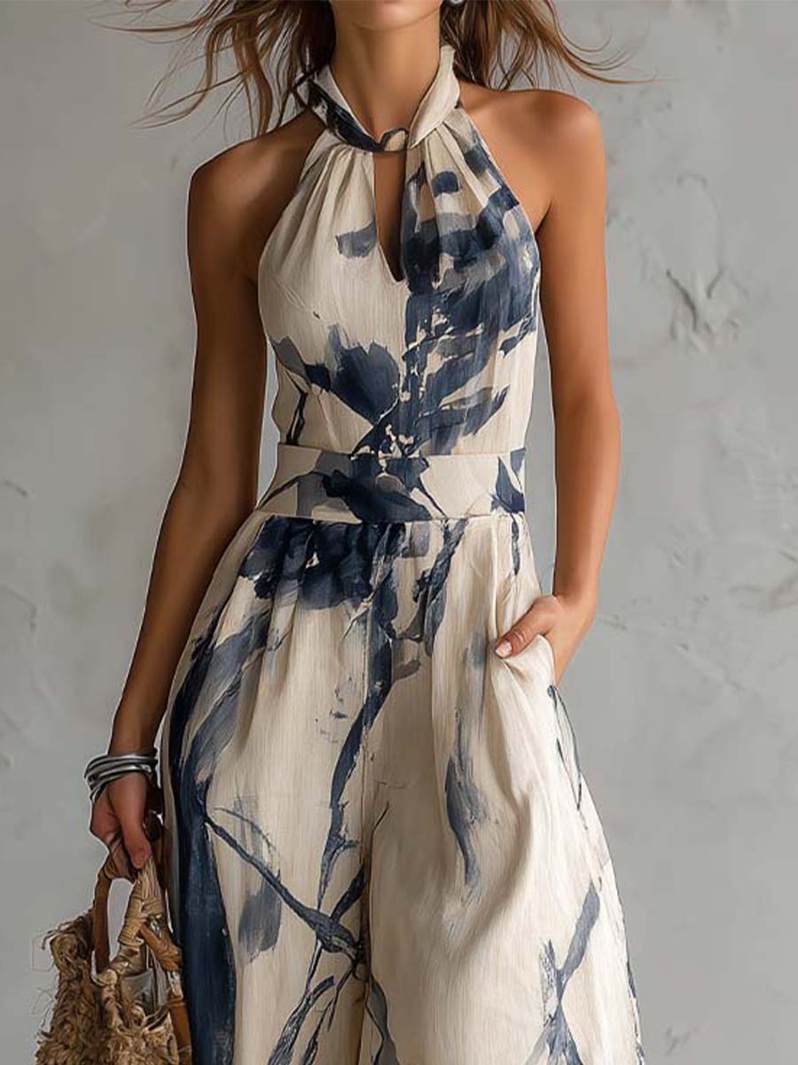 Mono de Pijamas con Estampado de Tinta en Cuello Halter y Piernas Anchas con Bolsillos