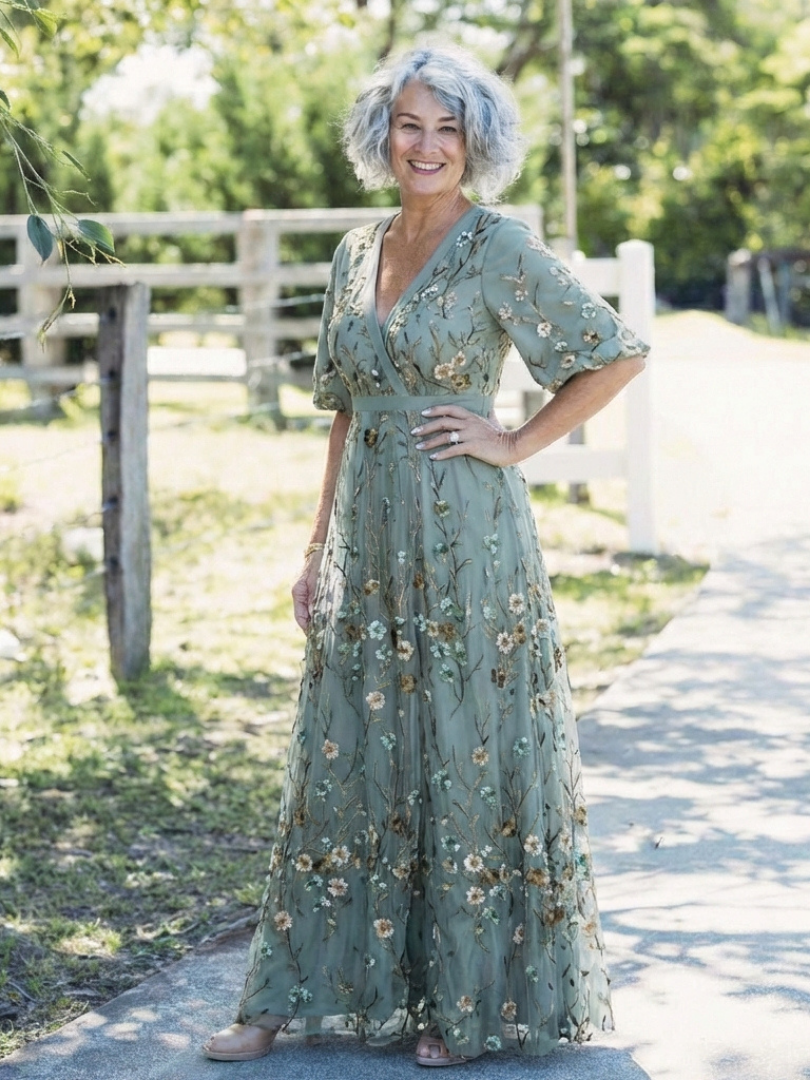 Evadne | Vestido Maxi de Manga Corta con Escote en V
