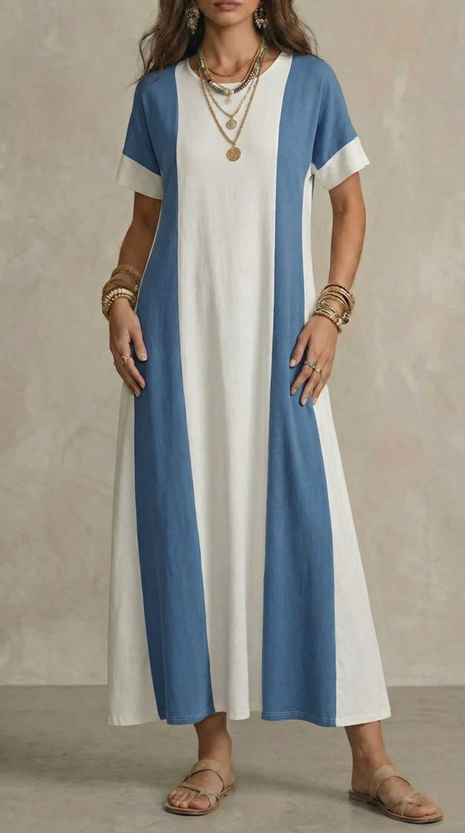 Soraya | Vestido Maxi de Manga Corta Color Block