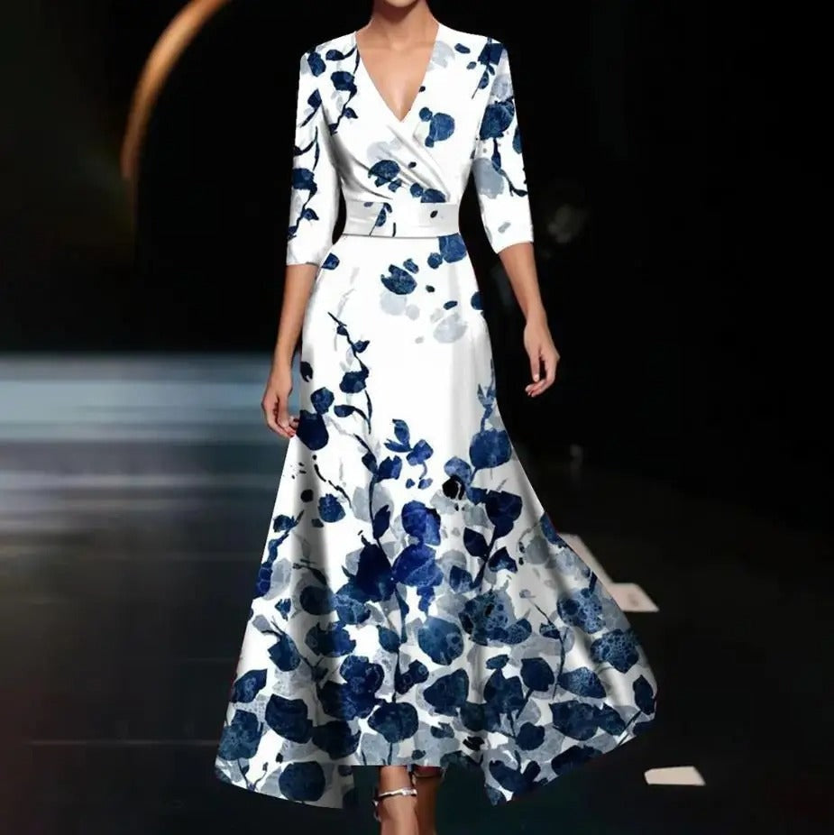Margaret | Vestido Maxi Envolvente Floral de Manga Tres Cuartos