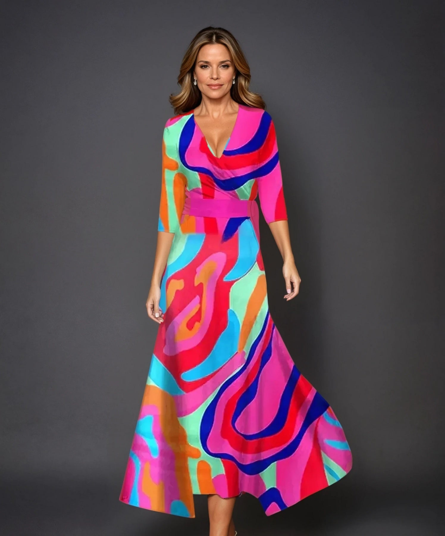 Margaret | Vestido Maxi Envolvente Floral de Manga Tres Cuartos