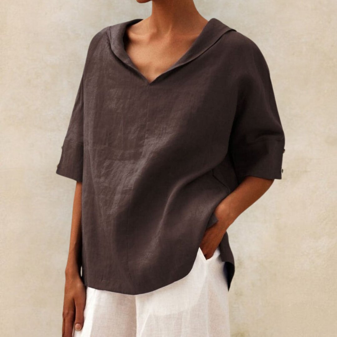 YLVIE CLÁSICA BLUSA DE LINO CON ESCOTE EN V