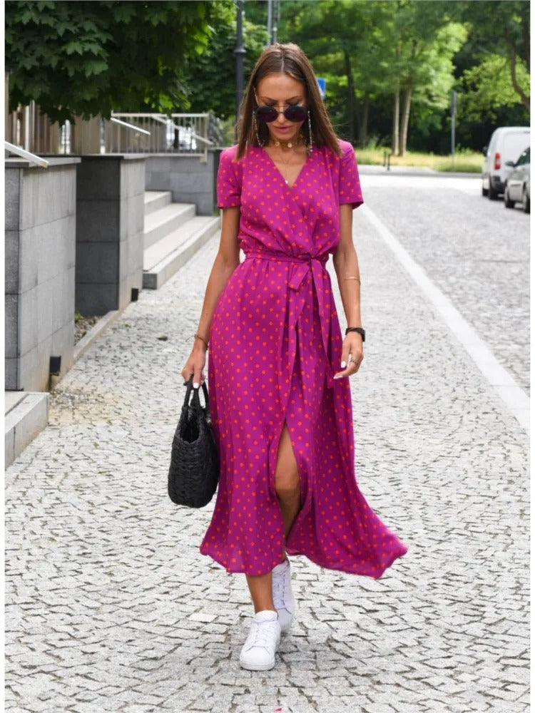 Vada - Vestido Impreso con Escote en V y Abertura de Paseo al Atardecer