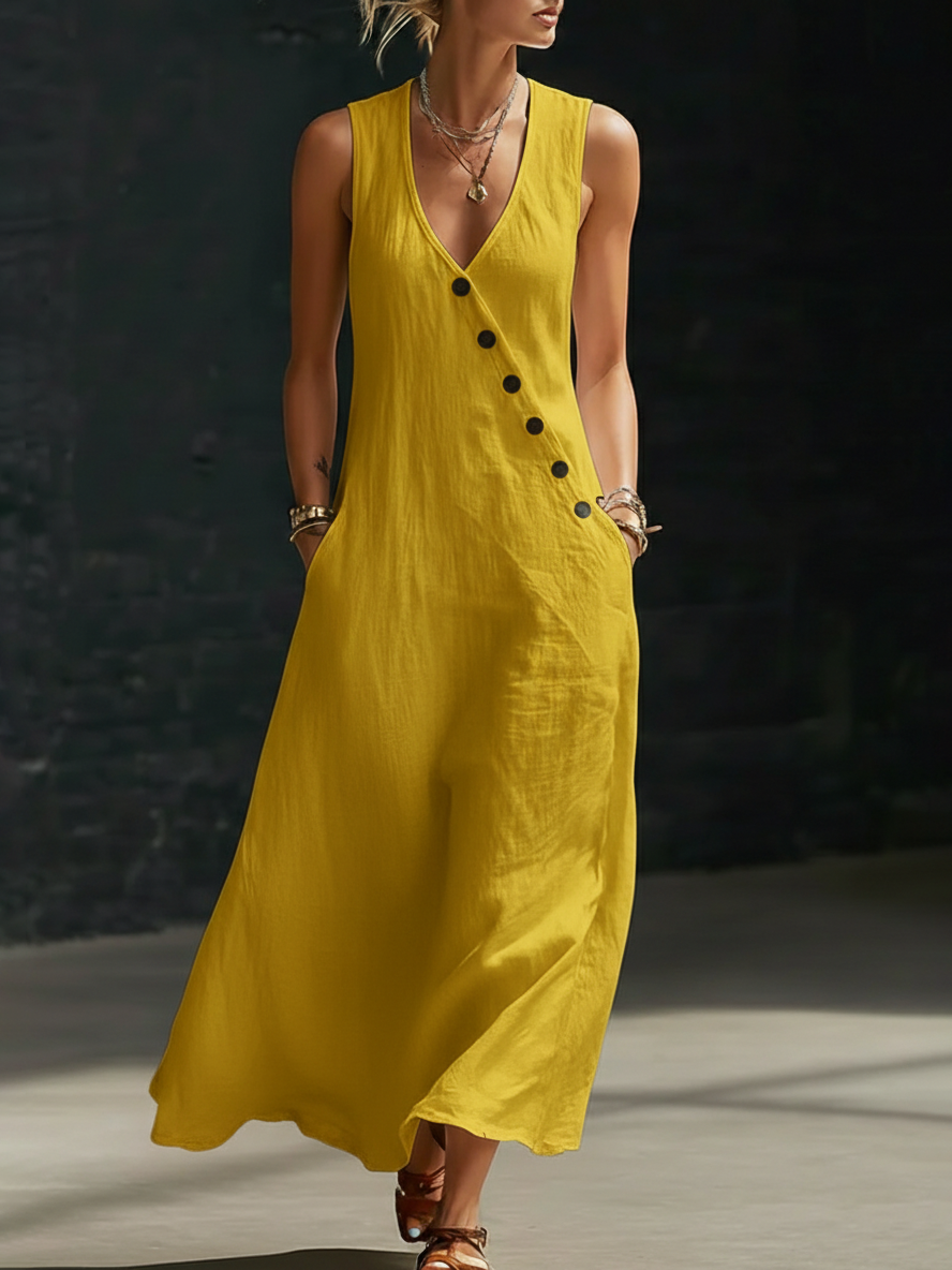Graziella™ – Vestido Maxi con Botones y Escote en V