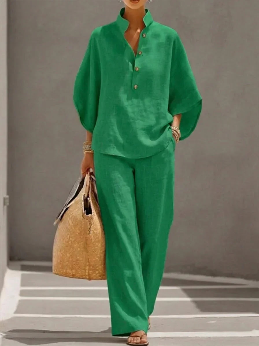 Maribel | Conjunto de Top de Manga Murciélago Relajado y Pantalones de Pierna Ancha