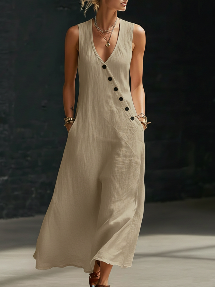 Graziella™ – Vestido Maxi con Botones y Escote en V