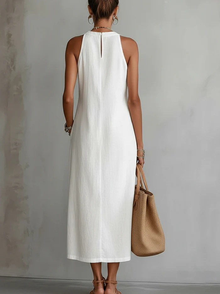 Ruth | Vestido Maxi Estilo Lino con Cuello Mao