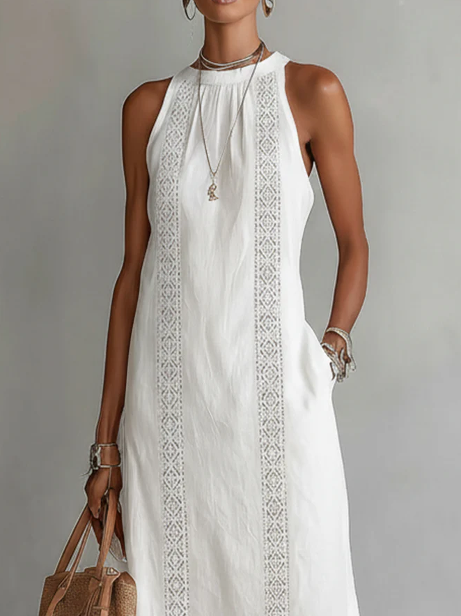 Ruth | Vestido Maxi Estilo Lino con Cuello Mao