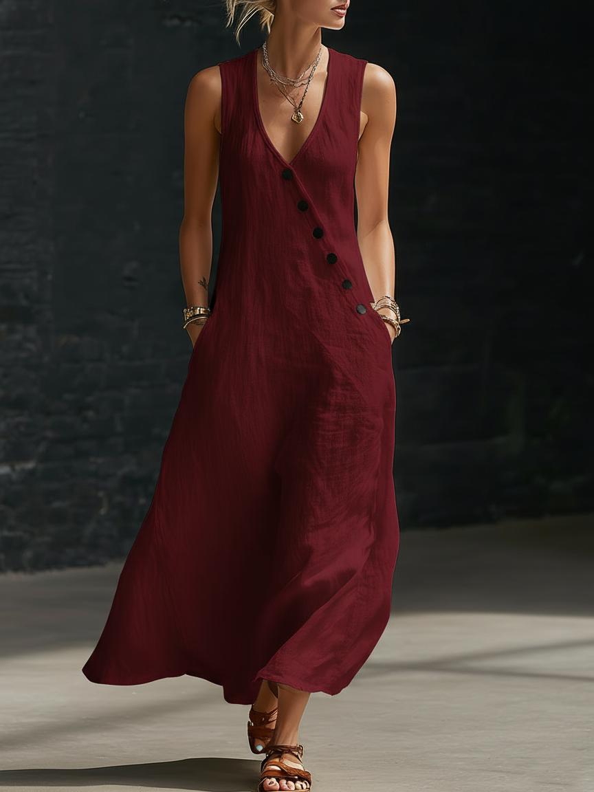 Graziella™ – Vestido Maxi con Botones y Escote en V