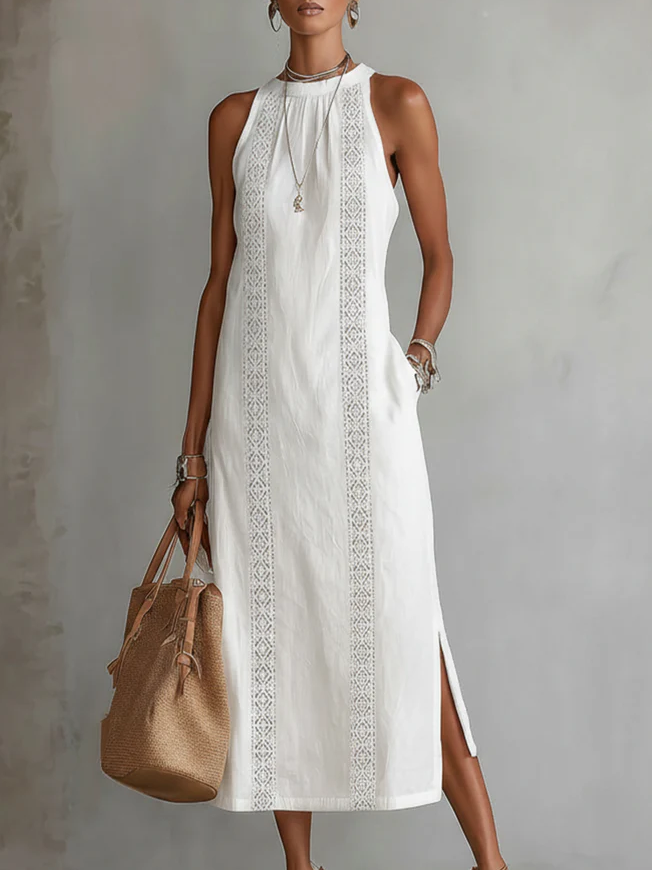Ruth | Vestido Maxi Estilo Lino con Cuello Mao