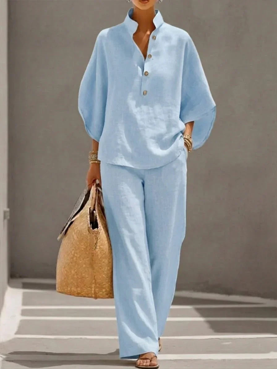 Maribel | Conjunto de Top de Manga Murciélago Relajado y Pantalones de Pierna Ancha