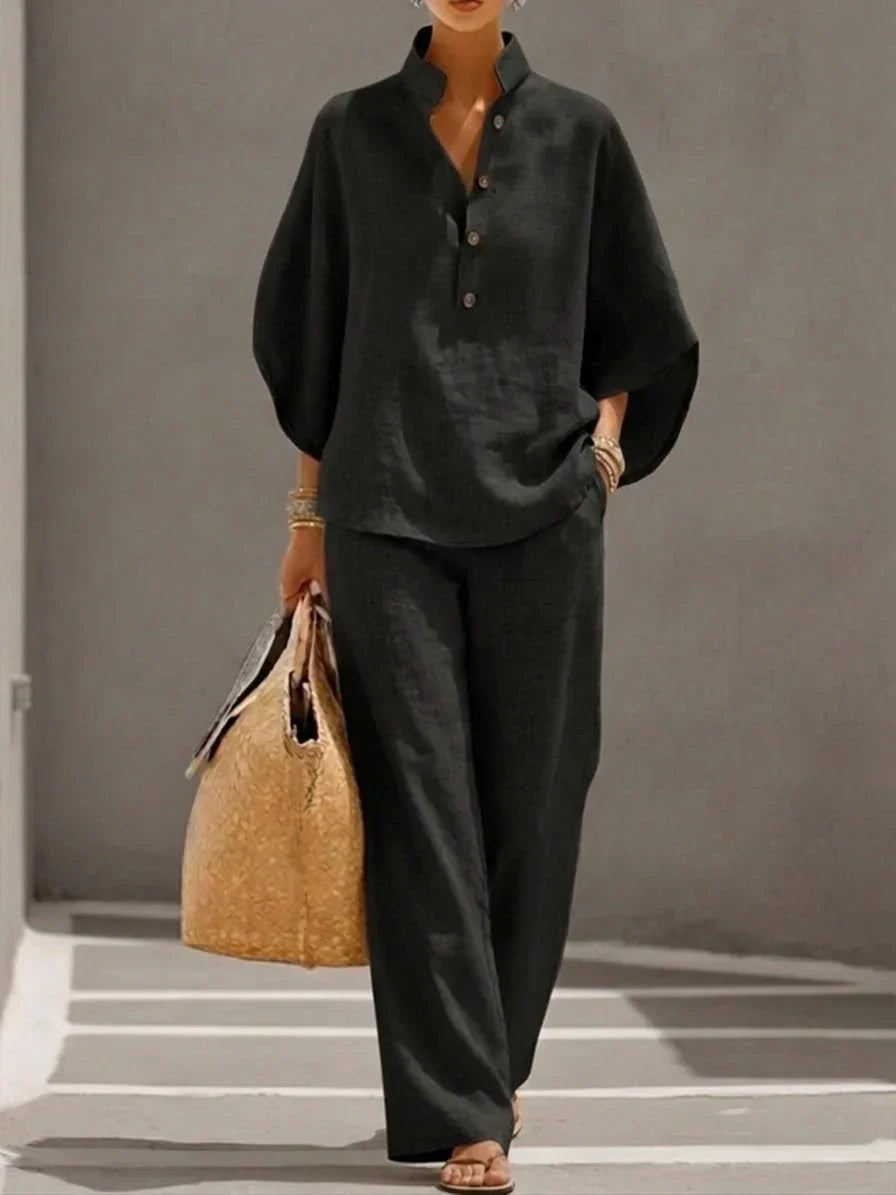 Maribel | Conjunto de Top de Manga Murciélago Relajado y Pantalones de Pierna Ancha