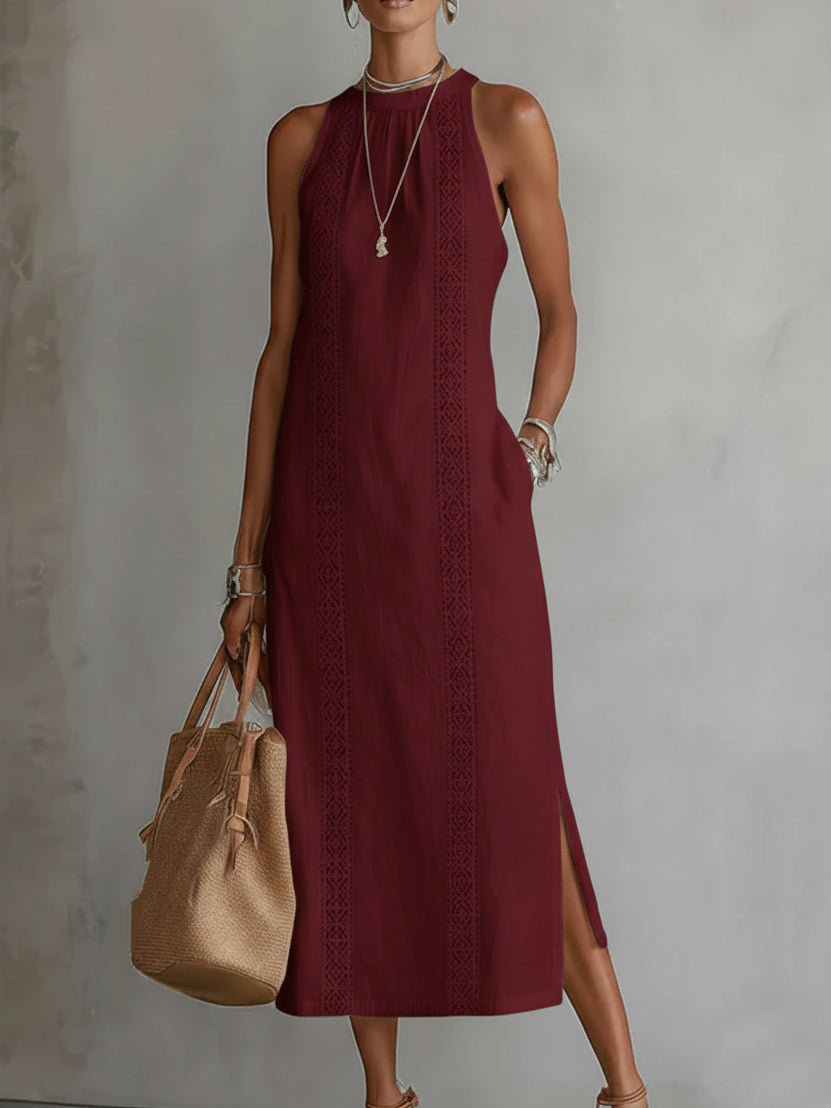 Ruth | Vestido Maxi Estilo Lino con Cuello Mao