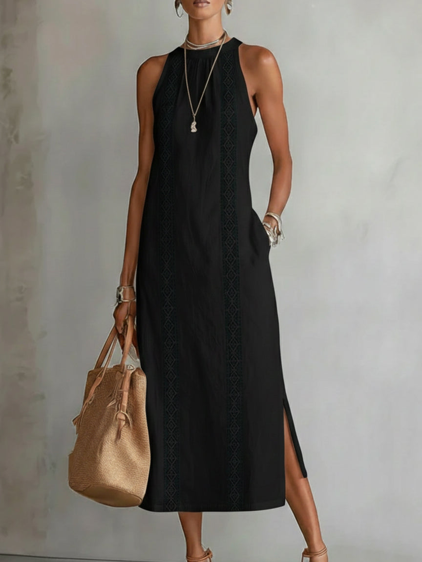 Ruth | Vestido Maxi Estilo Lino con Cuello Mao