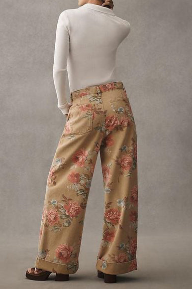 Pantalones Casual de Pierna Ancha Floral de Cintura Alta