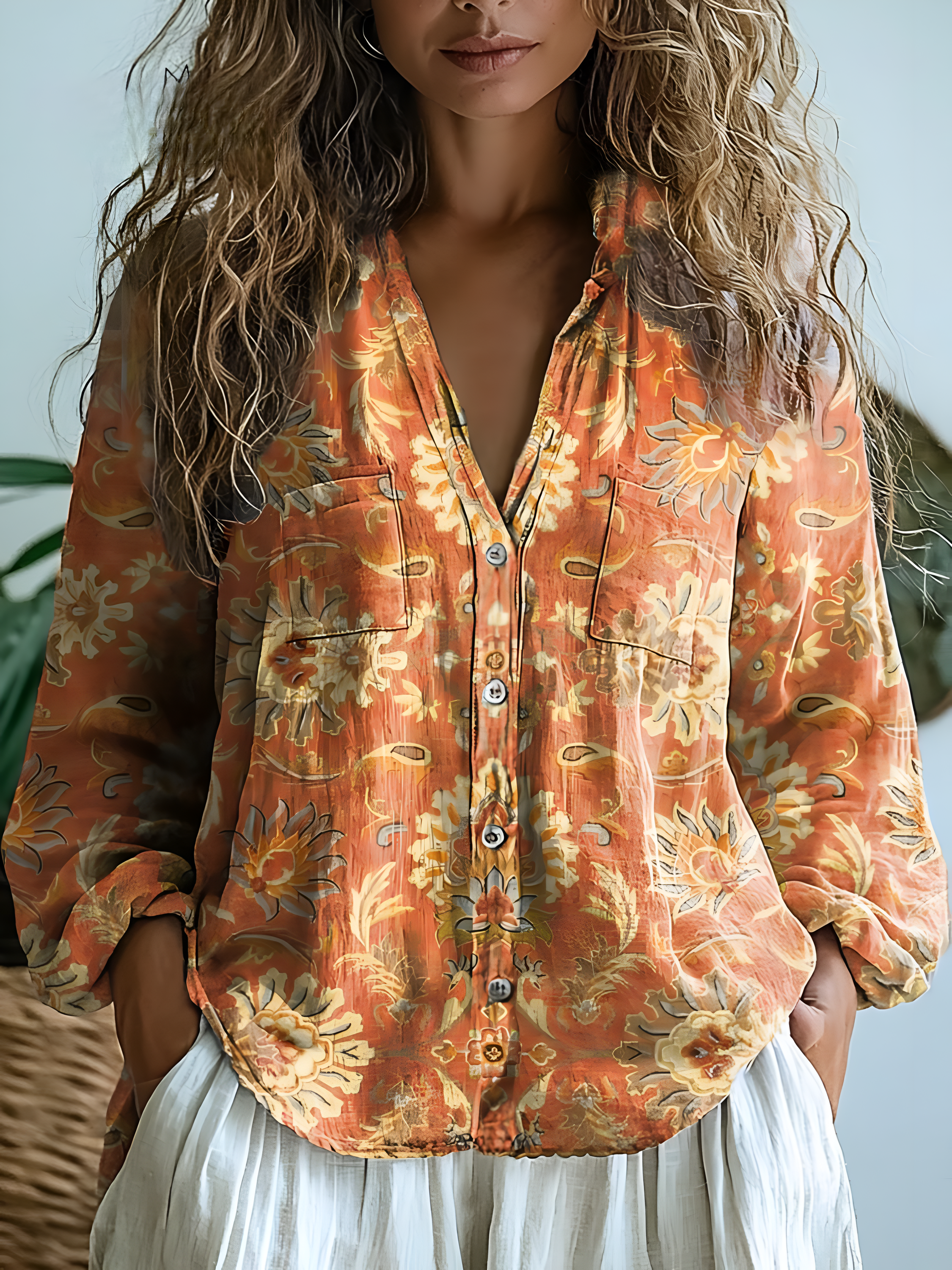 Melanie | Impresión de Arte Floral Vintage Encantadora de Manga Larga Casual
