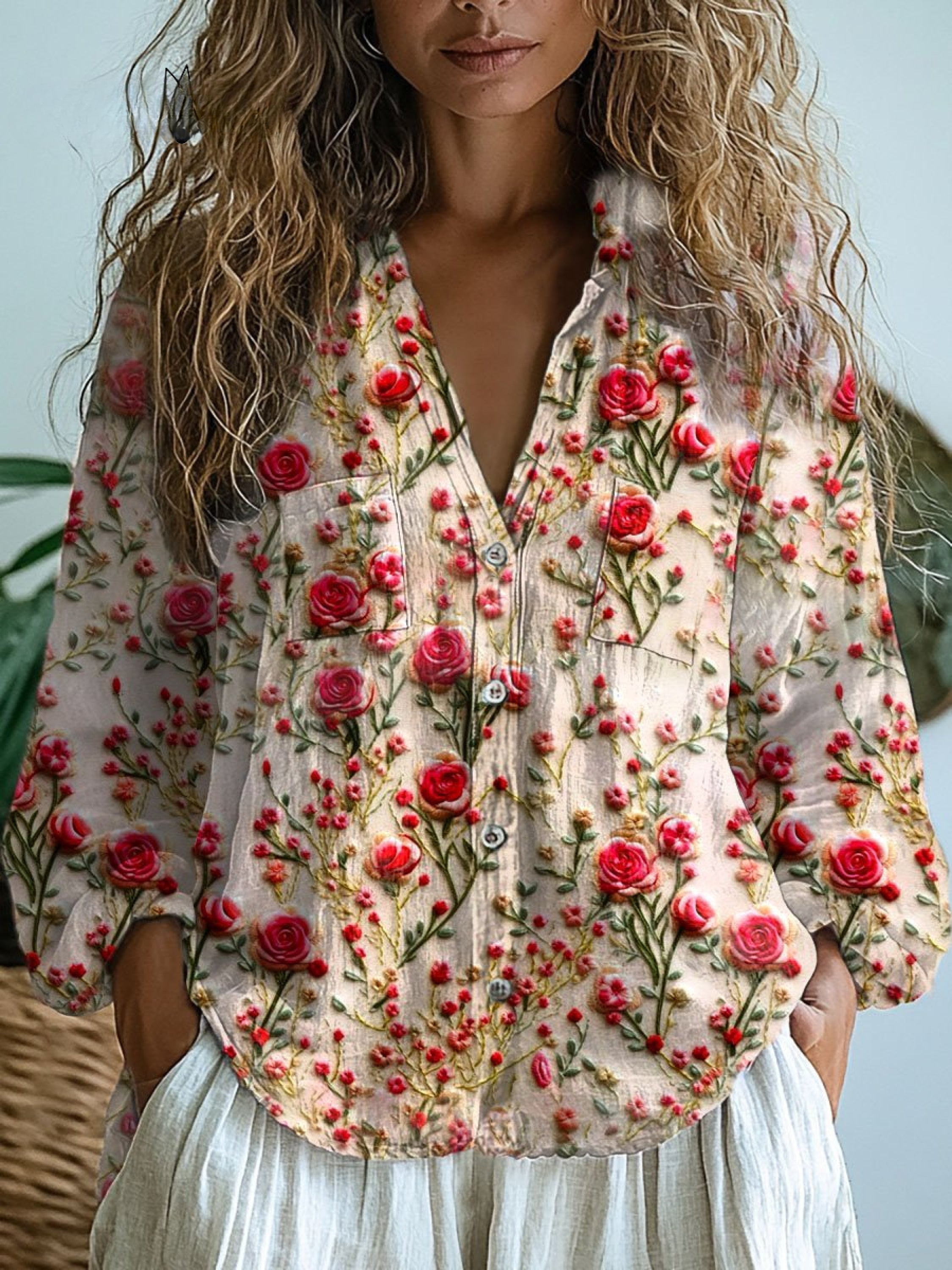 Shirley | Impresión Artística Floral Retro de Manga Larga Casual