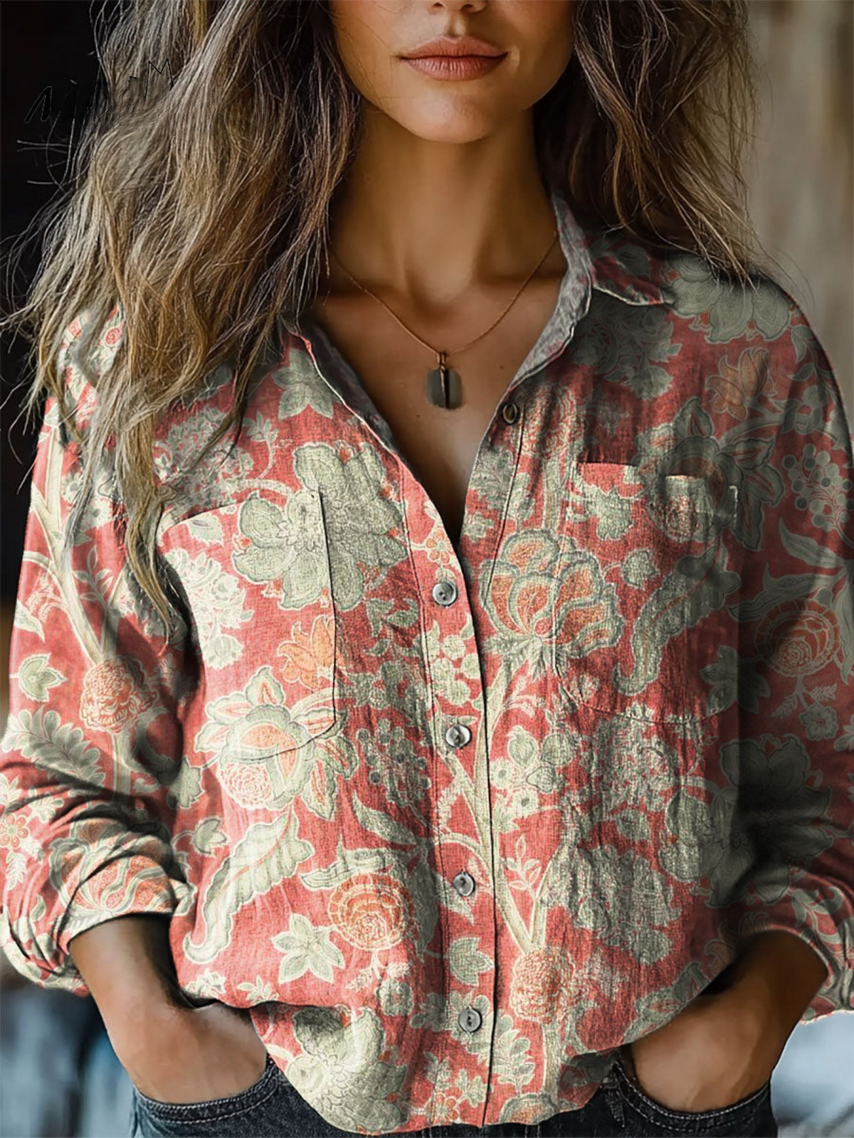 Angela | Impresión Artística Floral Vintage Encantadora de Manga Larga Casual