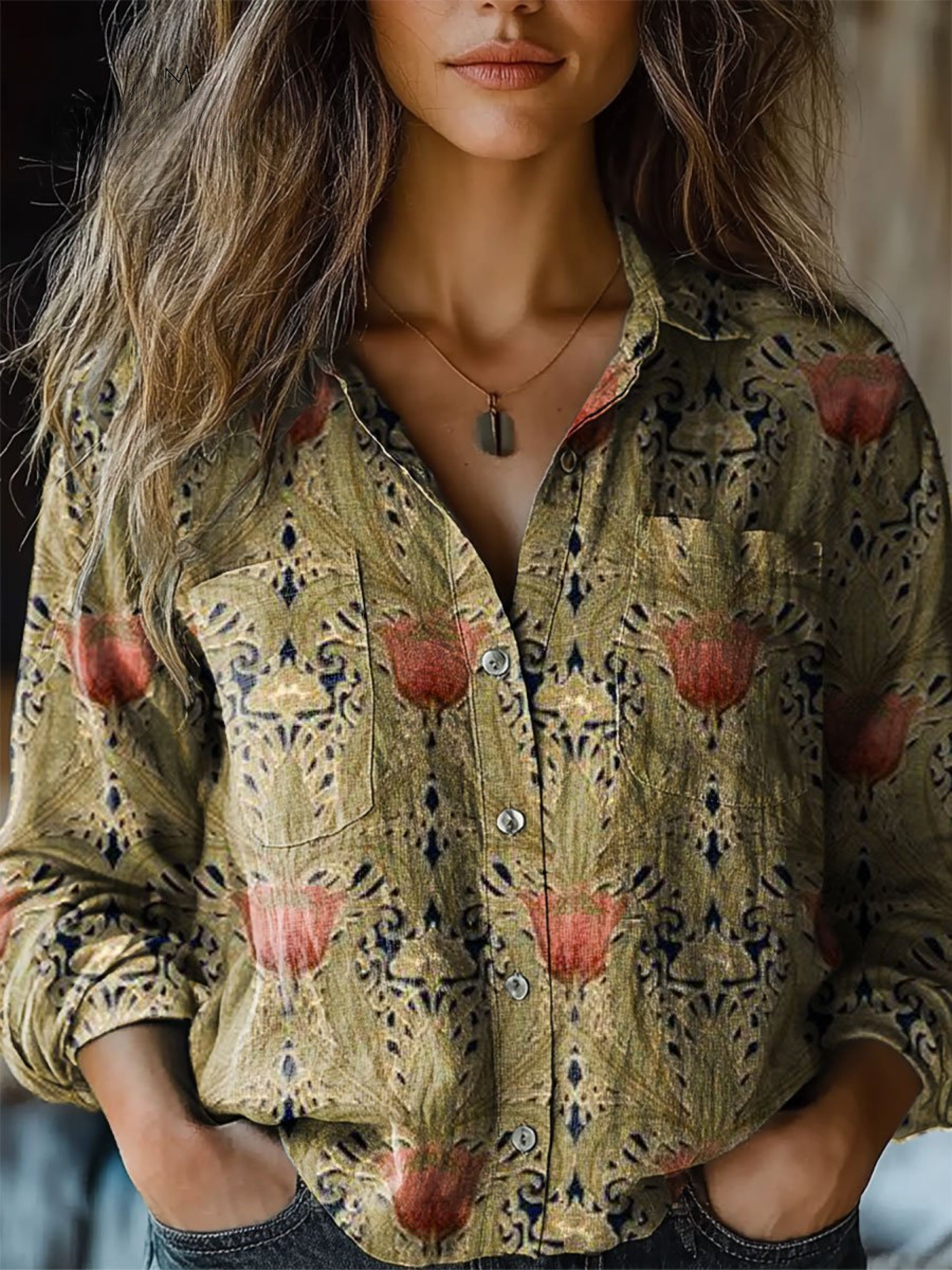 Nova | Camisa Casual de Manga Larga con Estampado Artístico Vintage