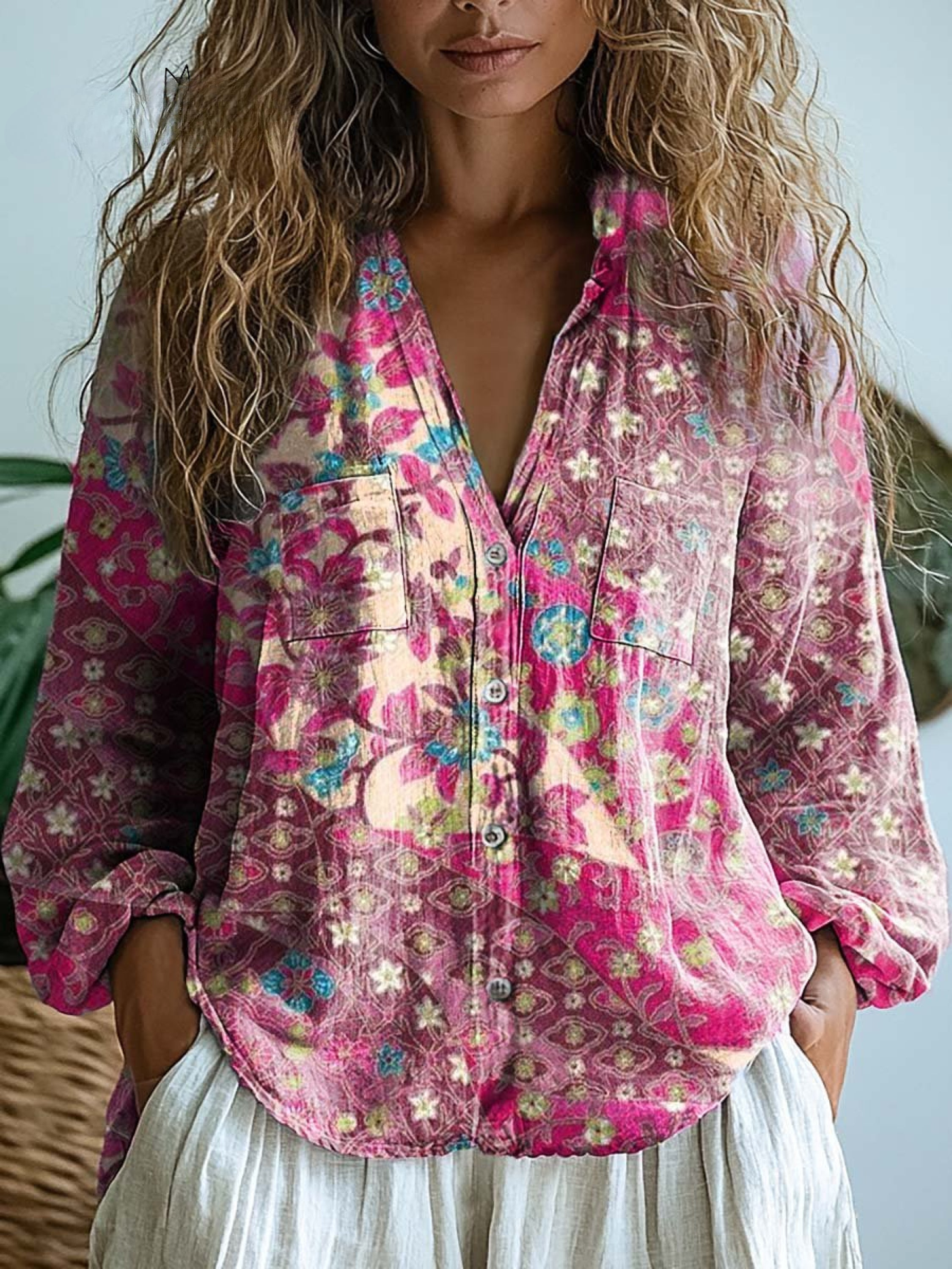 Jane | Impresión de Arte Floral Vintage Casual de Manga Larga