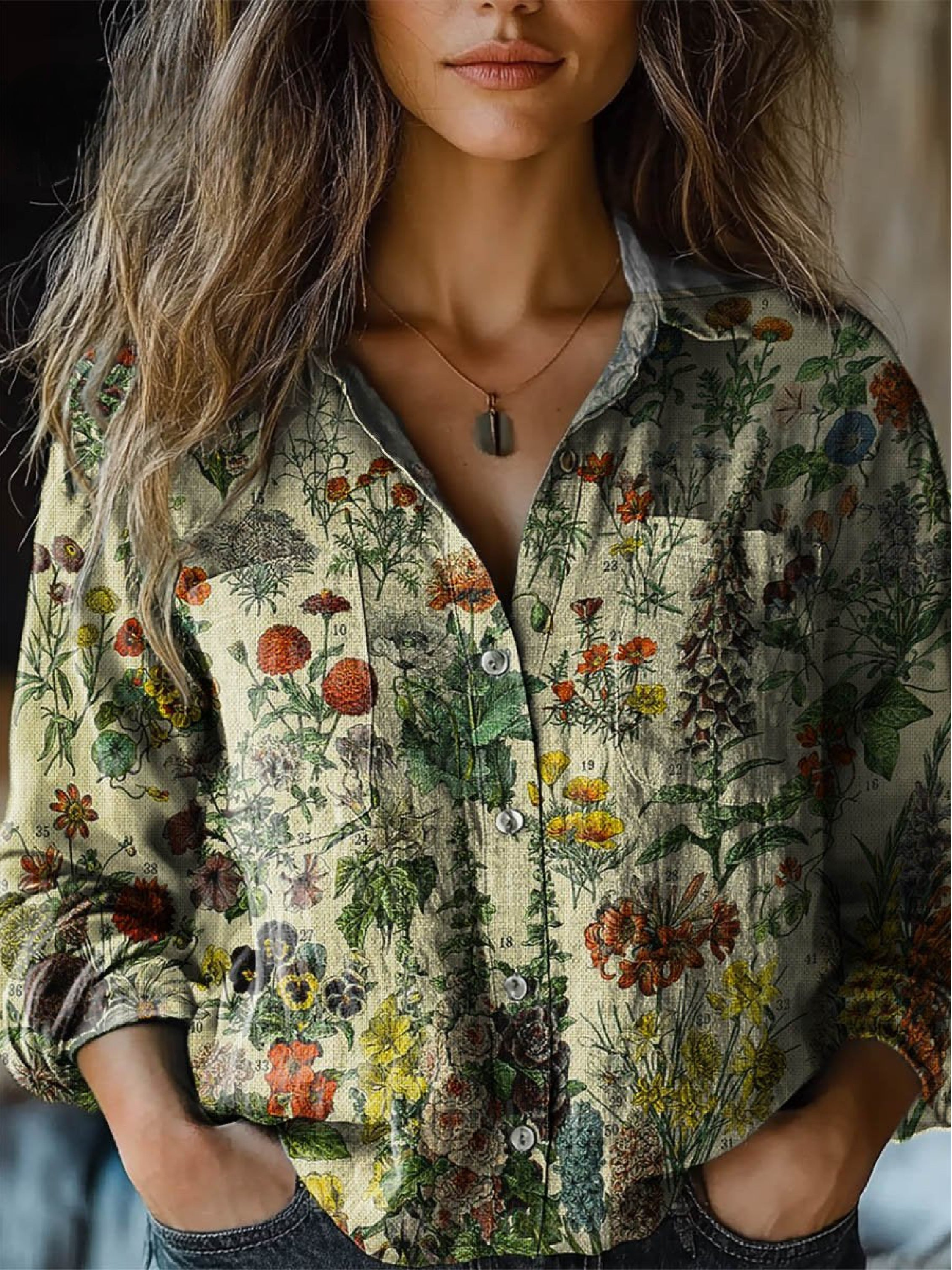 Rebecca | Impresión Artística Floral Vintage Casual de Manga Larga