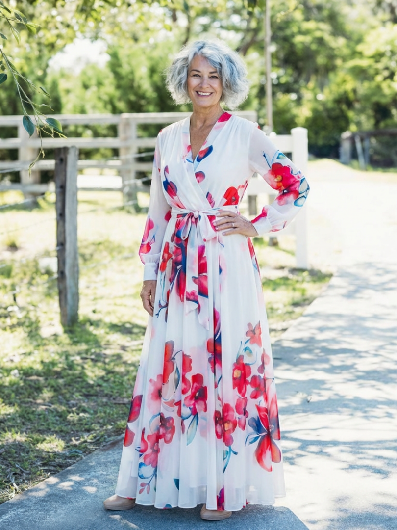 Lillian | Vestido Maxi Wikkel de Flores con Mangas Largas