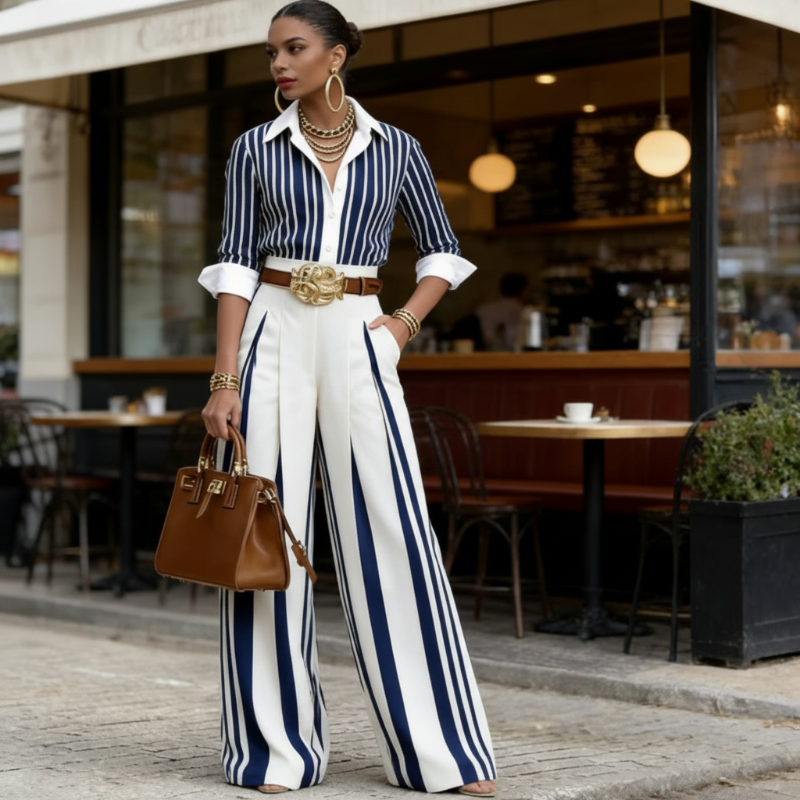 Elena | Conjunto con camisa de rayas y pantalón ancho