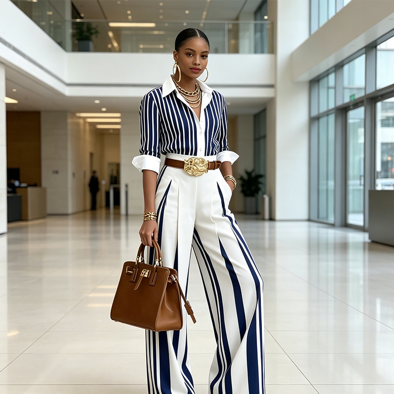 Elena | Conjunto con camisa de rayas y pantalón ancho