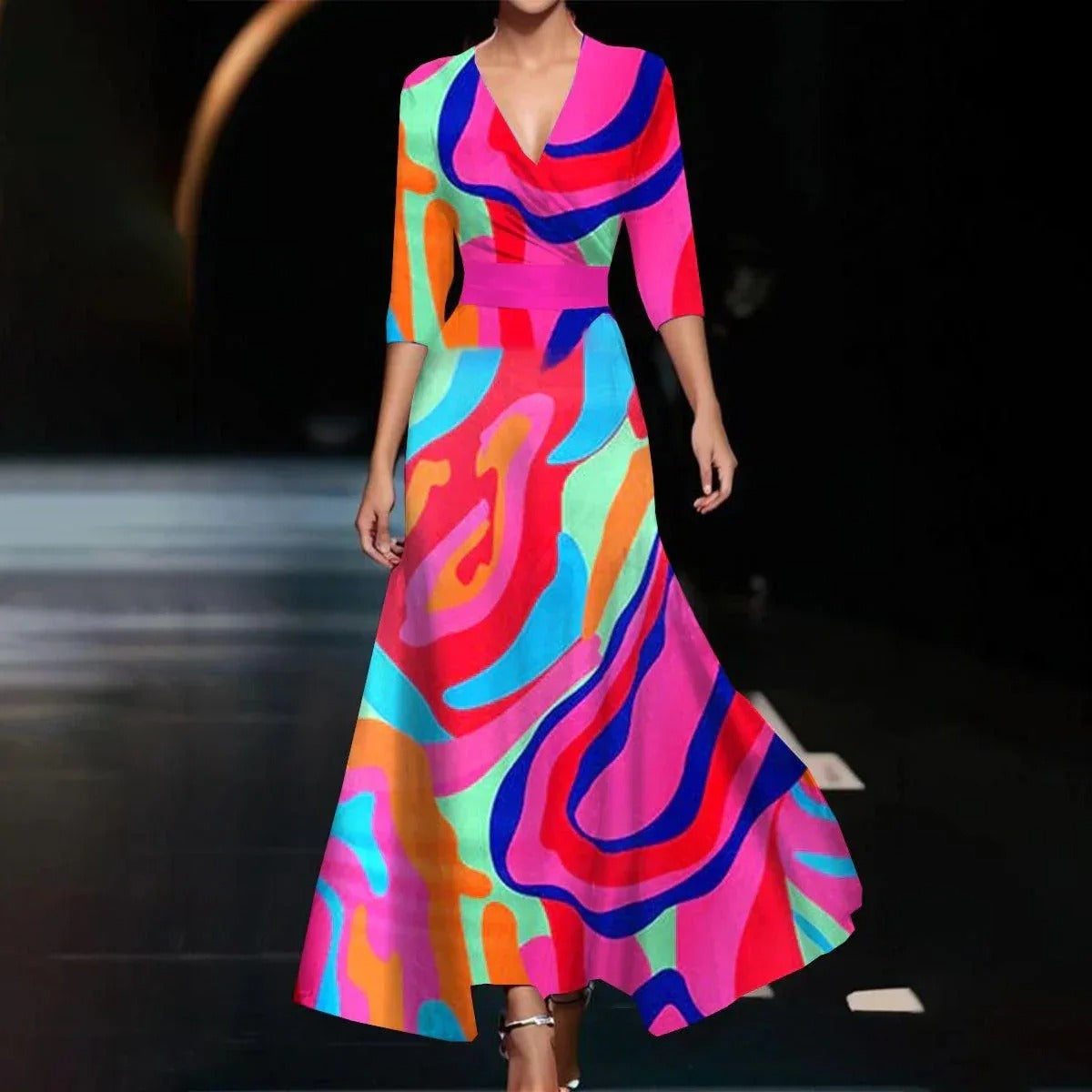 Emily - Vestido Midi de Cintura Alta Impreso con Mangas Medias