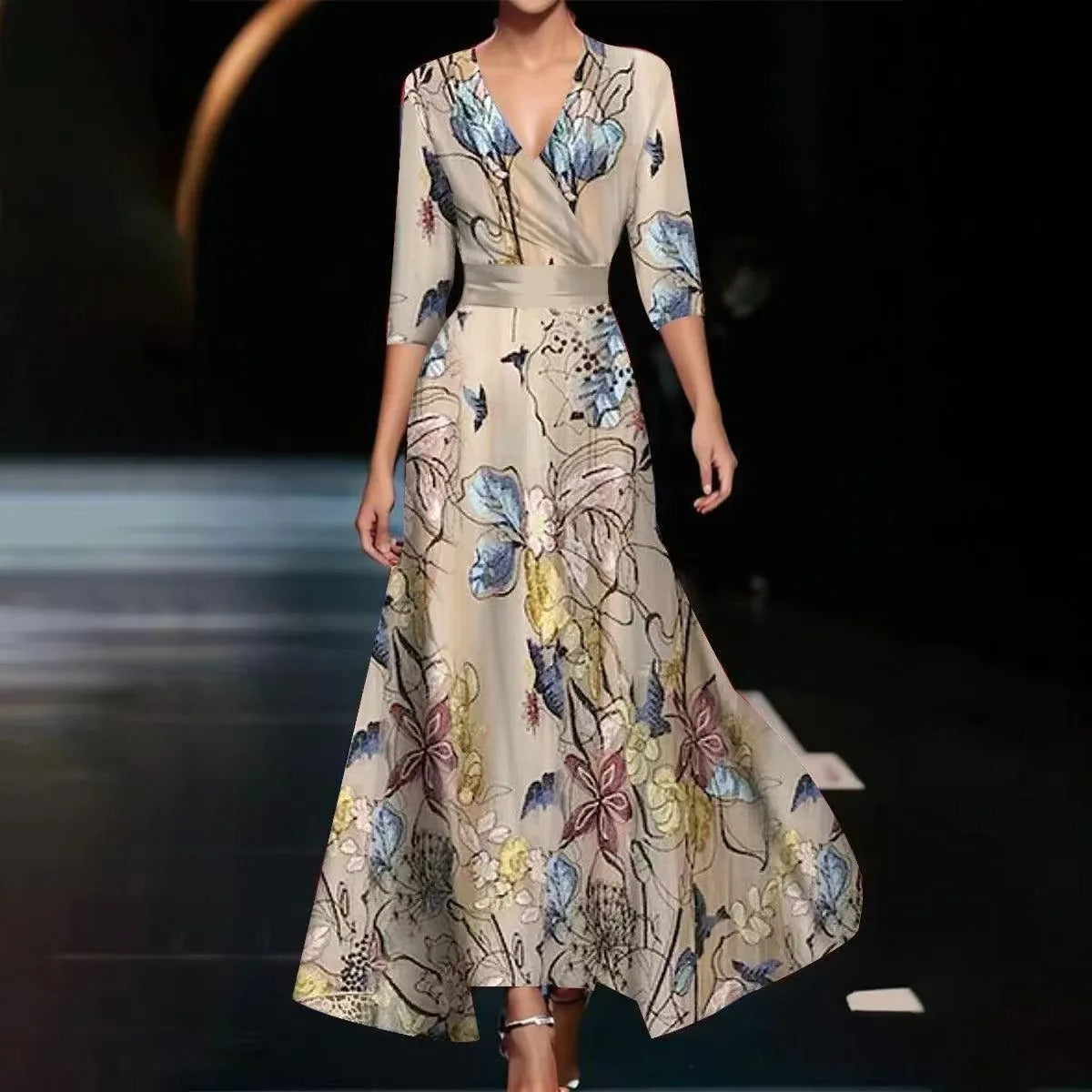 Emily - Vestido Midi de Cintura Alta Impreso con Mangas Medias